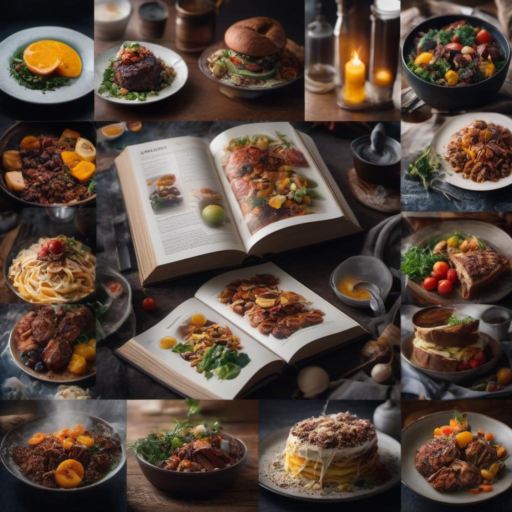  Photo Collage with a Big Cookbook hyperrealistic, full body, detailed clothing, highly detailed, cinematic lighting, stunningly beautiful, intricate, sharp focus, f/1. 8, 85mm, (centered image composition), (professionally color graded), ((bright soft diffused light)), volumetric fog, trending on instagram, trending on tumblr, HDR 4K, 8K