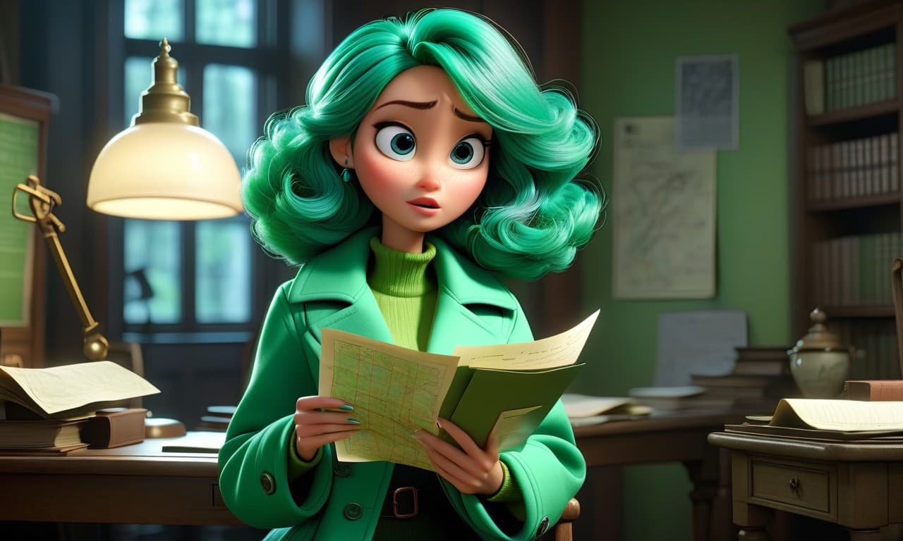  professional 3d model Draw a in a Pixar style. Her eyes are blue green. She has hair. She wears a green coat. She holds a letter with a secret message and a map. . octane render, highly detailed, volumetric, dramatic lighting hyperrealistic, full body, detailed clothing, highly detailed, cinematic lighting, stunningly beautiful, intricate, sharp focus, f/1. 8, 85mm, (centered image composition), (professionally color graded), ((bright soft diffused light)), volumetric fog, trending on instagram, trending on tumblr, HDR 4K, 8K