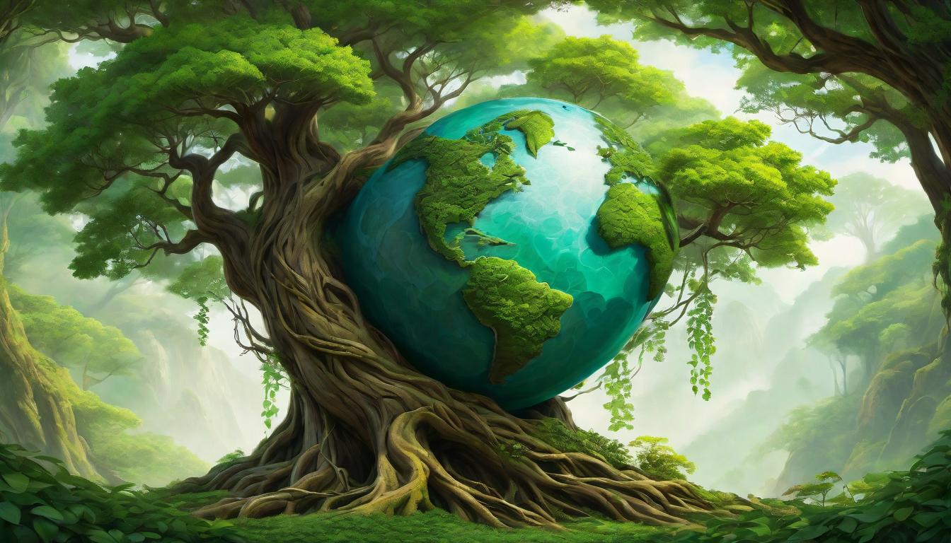  digital painting of A verdant globe cradled in the branches of an ancient tree, roots deeply intertwined with the earth, vibrant foliage, nurturing embrace, safeguarding life, interdependence between flora and fauna, a symbol of stewardship and care, harmony, serene balance looking at viewer, dynamic pose, (intricate details, masterpiece, best quality)