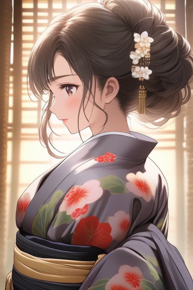  ((woman in kimono👘)){((black kimono and black obi: 1.4))(tied hair)),eyes down,woman bearing sorrow}((super detail)),8k,high resolution,absurd,employed,delicately composed,detailed,exquisitely detailed,bold composition,cinematic angles,dynamic angles,top quality,masterpiece, hyperrealistic, full body, detailed clothing, highly detailed, cinematic lighting, stunningly beautiful, intricate, sharp focus, f/1. 8, 85mm, (centered image composition), (professionally color graded), ((bright soft diffused light)), volumetric fog, trending on instagram, trending on tumblr, HDR 4K, 8K