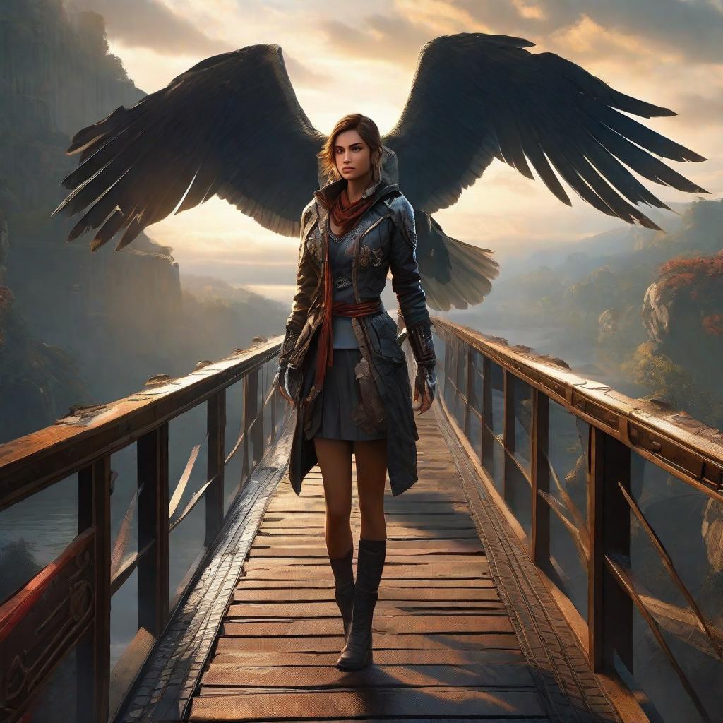  masterpiece, best quality,Thick painting, big perspective action, beautiful girl standing on the bridge, she wears snake eagle element clothes, high boots, wearing an electronic watch on her wrist. The atmosphere is mysterious, the angle of view looks up, highlighting the heroic character. Refer to the characters, scenes and styles in the game Blood Curse.