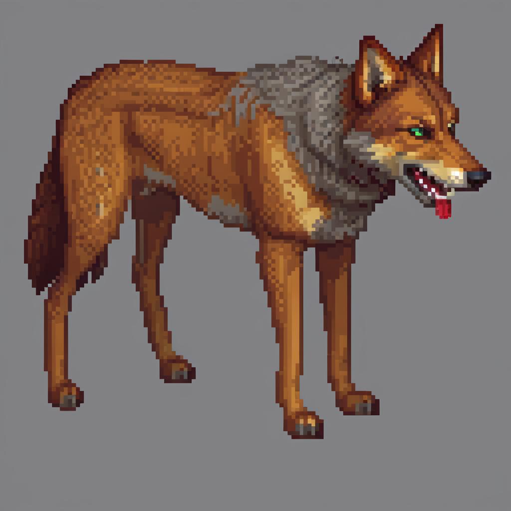  pixel art A pixel wolf, evil, stands on four legs, sprite, pixel art, slightly side view. . low res, blocky, pixel art style, 8 bit graphics hyperrealistic, full body, detailed clothing, highly detailed, cinematic lighting, stunningly beautiful, intricate, sharp focus, f/1. 8, 85mm, (centered image composition), (professionally color graded), ((bright soft diffused light)), volumetric fog, trending on instagram, trending on tumblr, HDR 4K, 8K