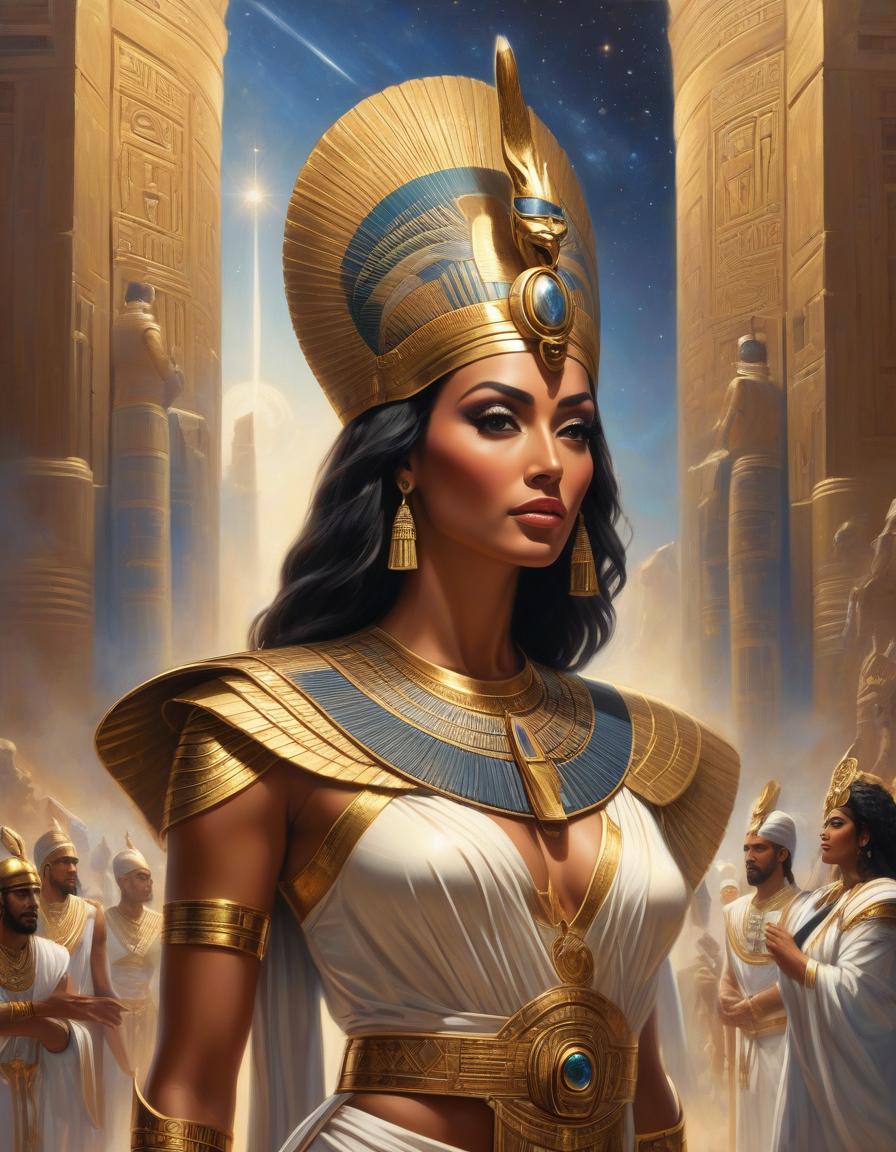  space themed Oil painting, an ancient Egyptian goddess comes out of the temple into the light among the people, dressed in an ancient robe with Egyptian patterns, a gilded belt and shoulder pads, a golden crown with a diamond in the center on her head, a proud look, a slender figure, a proud gait, a detailed drawing of the character, detailing of small details details, ART, artwork, fantastic picture . cosmic, celestial, stars, galaxies, nebulas, planets, science fiction, highly detailed hyperrealistic, full body, detailed clothing, highly detailed, cinematic lighting, stunningly beautiful, intricate, sharp focus, f/1. 8, 85mm, (centered image composition), (professionally color graded), ((bright soft diffused light)), volumetric fog, trending on instagram, trending on tumblr, HDR 4K, 8K