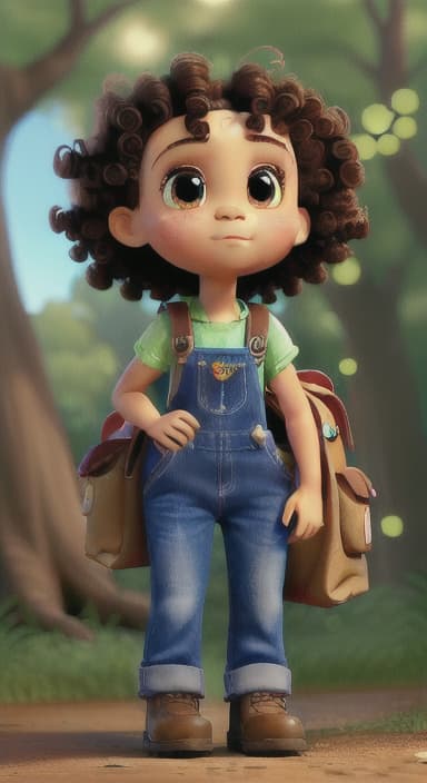  {The tree with a twinkling eye, while its leaves gently rustle., Riley, a curious with big brown eyes and curly hair, wearing overalls and carrying a small backpack. Their friend, Skye, a bluebird with shiny feathers.