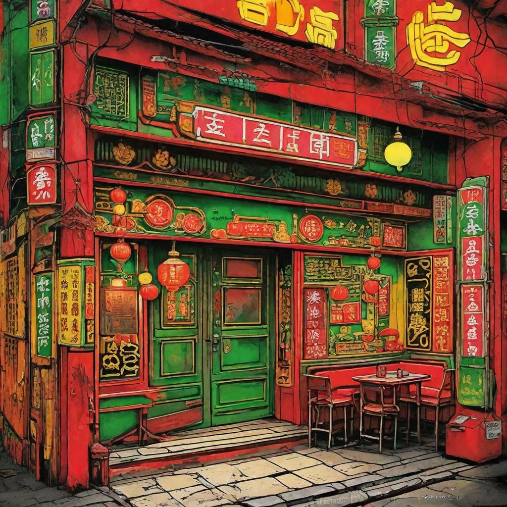  Masterpiece, best quality, Hong Kong Old Street style restaurant door, nostalgic style, neon signs, Hong Kong style elements, red, green and yellow dominant colors, kiosk elements, luminous characters, lamp beads, wall tiles, overall bright, distinctive features