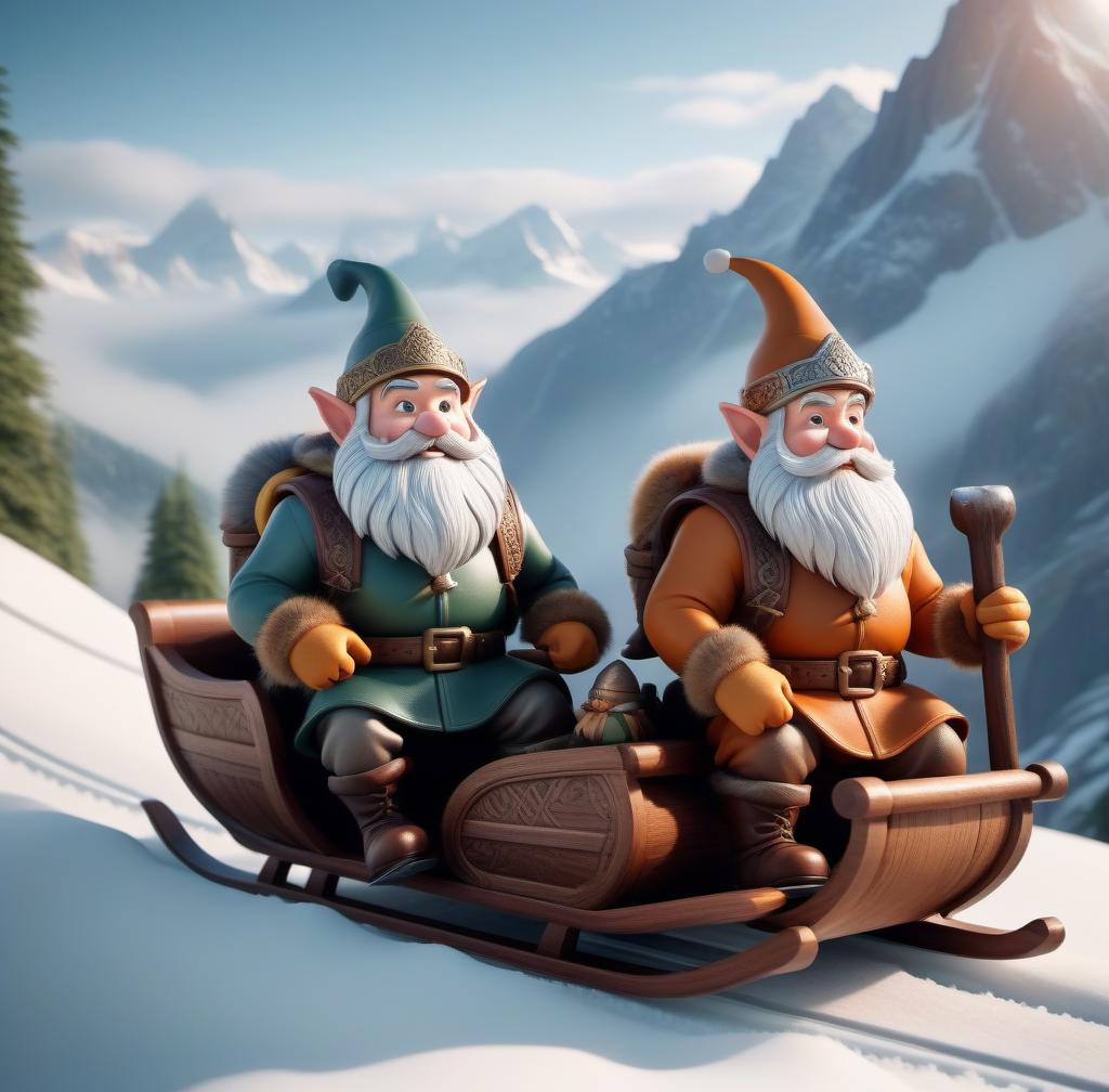  two cartoon dwarves on a sled going downhill from the mountains hyperrealistic, full body, detailed clothing, highly detailed, cinematic lighting, stunningly beautiful, intricate, sharp focus, f/1. 8, 85mm, (centered image composition), (professionally color graded), ((bright soft diffused light)), volumetric fog, trending on instagram, trending on tumblr, HDR 4K, 8K