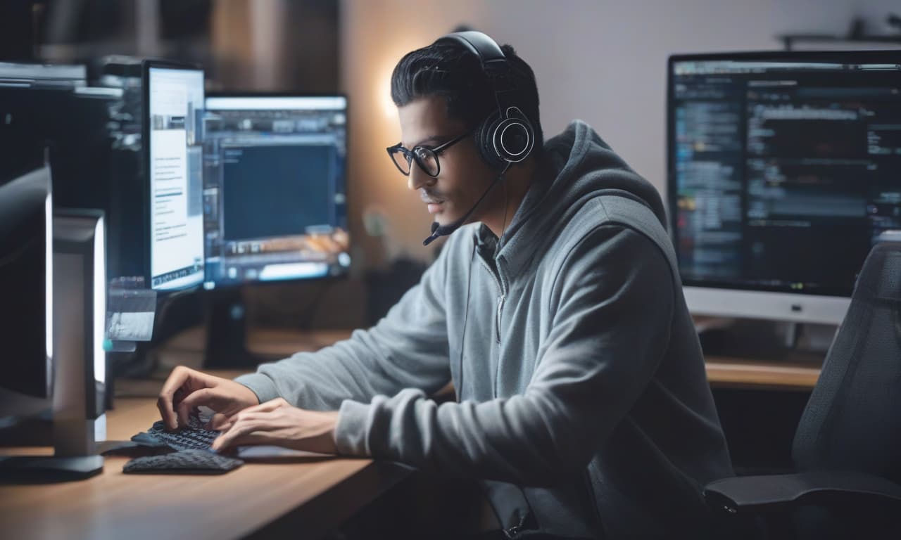  A person at the computer. hyperrealistic, full body, detailed clothing, highly detailed, cinematic lighting, stunningly beautiful, intricate, sharp focus, f/1. 8, 85mm, (centered image composition), (professionally color graded), ((bright soft diffused light)), volumetric fog, trending on instagram, trending on tumblr, HDR 4K, 8K