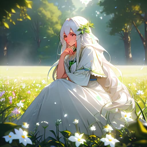  (masterpiece, best quality),1girl with long white hair sitting in a field of green plants and flowers, her hand under her chin, warm lighting, white dress, blurry foreground hyperrealistic, full body, detailed clothing, highly detailed, cinematic lighting, stunningly beautiful, intricate, sharp focus, f/1. 8, 85mm, (centered image composition), (professionally color graded), ((bright soft diffused light)), volumetric fog, trending on instagram, trending on tumblr, HDR 4K, 8K