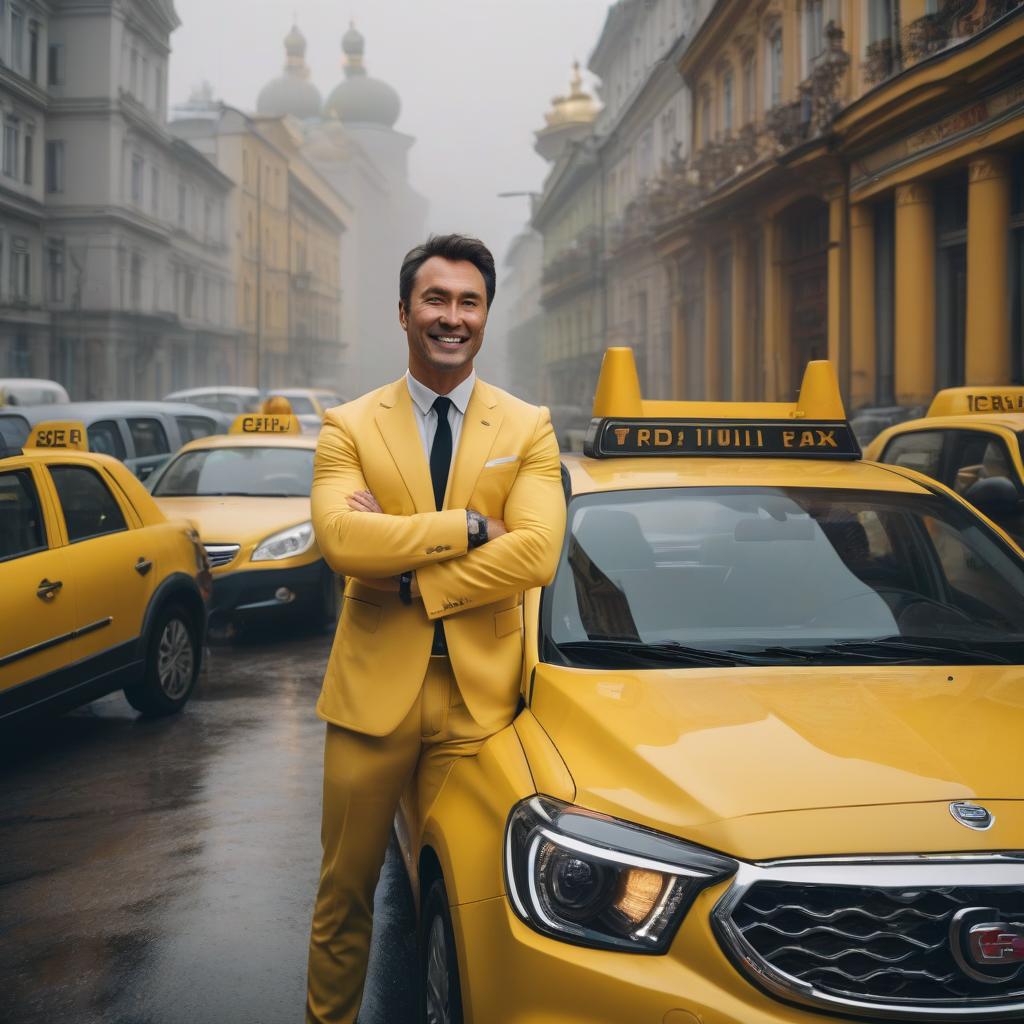  A Russian taxi driver smiling at the camera is standing next to a yellow Geely car. hyperrealistic, full body, detailed clothing, highly detailed, cinematic lighting, stunningly beautiful, intricate, sharp focus, f/1. 8, 85mm, (centered image composition), (professionally color graded), ((bright soft diffused light)), volumetric fog, trending on instagram, trending on tumblr, HDR 4K, 8K