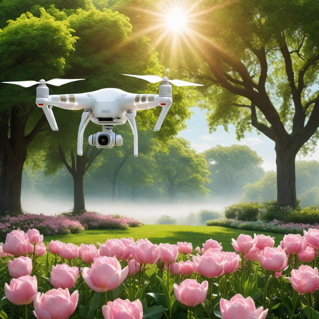  Drones flying like birds in a blooming garden. The image should portray multiple drones with bird-like features such as wings and feathers, seamlessly integrating into the scenery of the garden, which is in full bloom. The garden should have a variety of flowers such as roses, tulips, and cherry blossoms, with rich green foliage. There should be a clear blue sky with a few fluffy clouds, and the sun is casting a warm light over the idyllic landscape, highlighting the harmony between technology and nature. hyperrealistic, full body, detailed clothing, highly detailed, cinematic lighting, stunningly beautiful, intricate, sharp focus, f/1. 8, 85mm, (centered image composition), (professionally color graded), ((bright soft diffused light)), volumetric fog, trending on instagram, trending on tumblr, HDR 4K, 8K