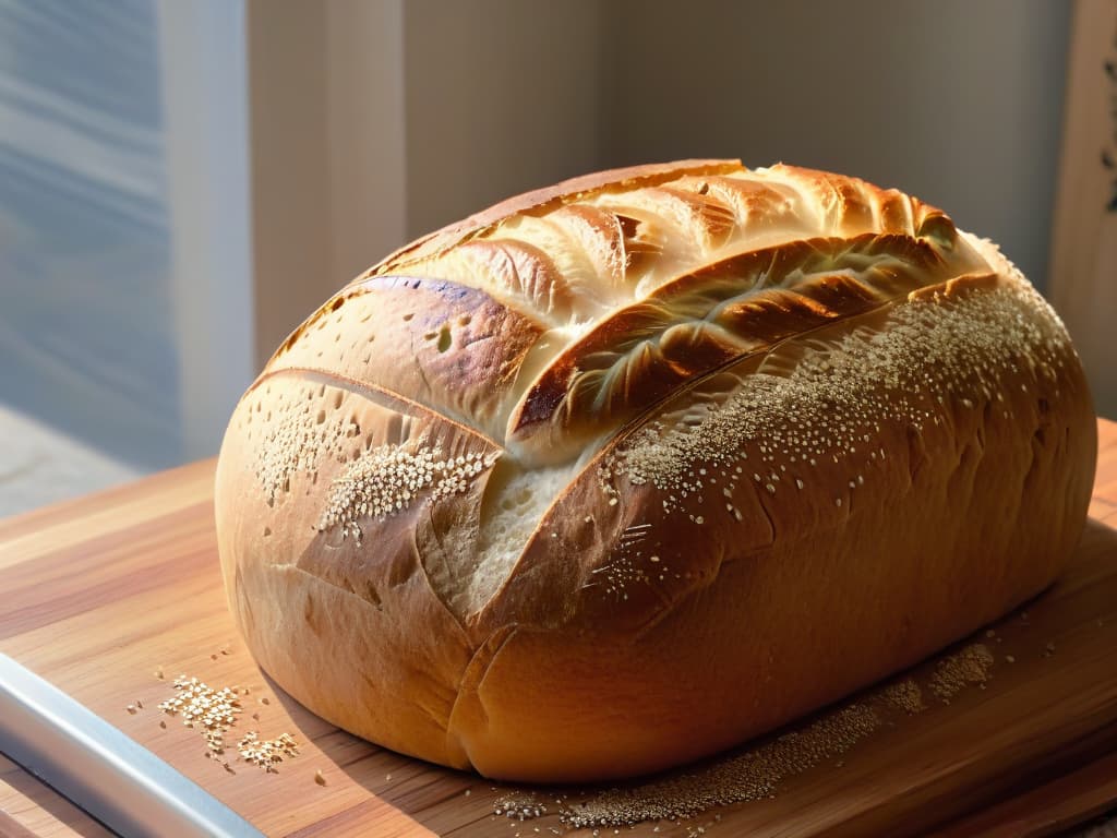  An ultradetailed closeup image of a perfectly risen loaf of artisan sourdough bread, showcasing intricate patterns on the crust, with visible air pockets and a goldenbrown color. The bread is set on a rustic wooden cutting board, surrounded by scattered flour, a few loose grains of raw wheat, and a small bundle of fresh rosemary sprigs. Light filters through a nearby window, casting a soft, natural glow on the scene, highlighting the textures and details of the bread and ingredients. hyperrealistic, full body, detailed clothing, highly detailed, cinematic lighting, stunningly beautiful, intricate, sharp focus, f/1. 8, 85mm, (centered image composition), (professionally color graded), ((bright soft diffused light)), volumetric fog, trending on instagram, trending on tumblr, HDR 4K, 8K