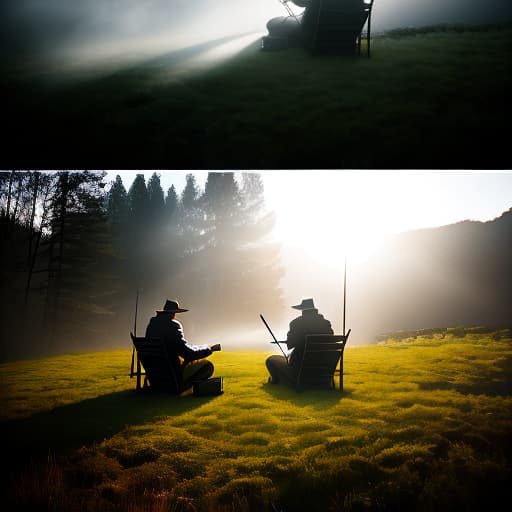  80s dark fantasy. Two men knights are sitting by a campfire in a field on ground, they are located to the left and right of the campfire. hyperrealistic, full body, detailed clothing, highly detailed, cinematic lighting, stunningly beautiful, intricate, sharp focus, f/1. 8, 85mm, (centered image composition), (professionally color graded), ((bright soft diffused light)), volumetric fog, trending on instagram, trending on tumblr, HDR 4K, 8K