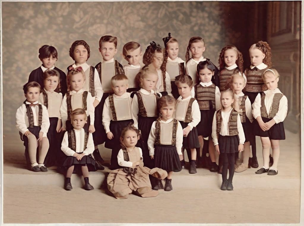  Create an image of a group of children in uniforms, with boys in dark jackets and light colored shirts with dark shorts or trousers, and girls in white dresses with dark, vest like tops and large white bows, seated and standing in neatly arranged rows