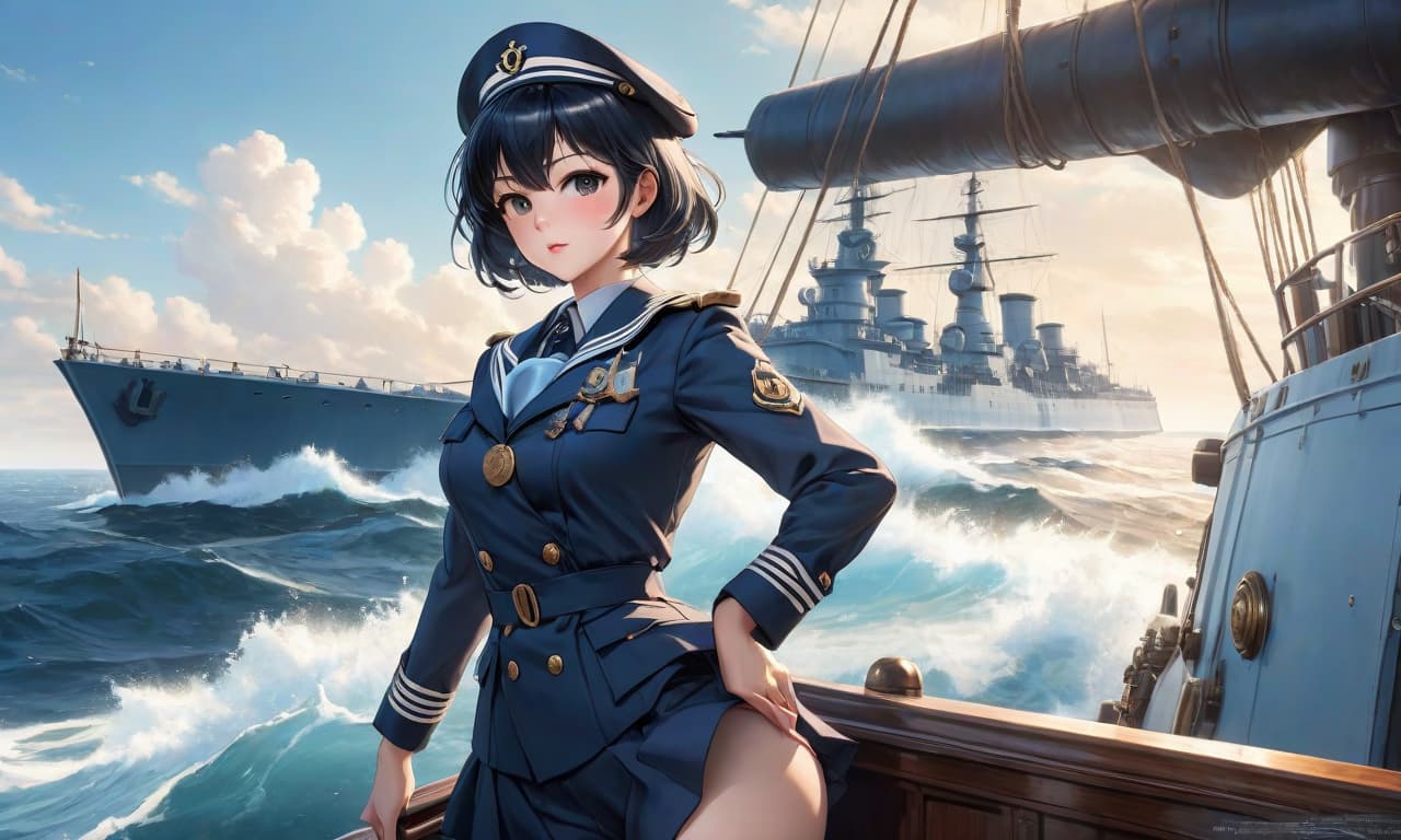  Anime, a beautiful female sailor, captain, binoculars, warship, blue sea, short black hair, navy blue military uniform, navy blue coat, light blue shirt, medal, order, award, pistol in holster, 1945, sunny day. hyperrealistic, full body, detailed clothing, highly detailed, cinematic lighting, stunningly beautiful, intricate, sharp focus, f/1. 8, 85mm, (centered image composition), (professionally color graded), ((bright soft diffused light)), volumetric fog, trending on instagram, trending on tumblr, HDR 4K, 8K