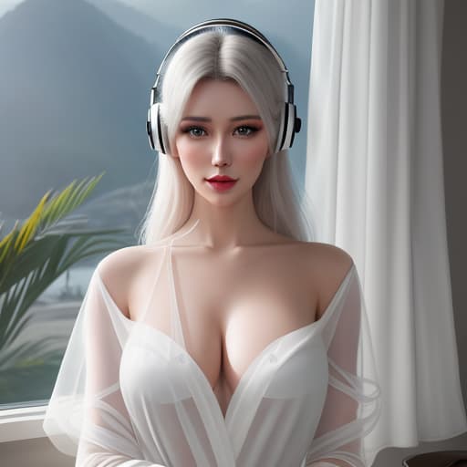  analog style, best quality, gorgeous young Swiss sitting by window with headphones on, wearing white with translucent shirt over, soft lips, beach hair, octane render, unreal engine, photograph, realistic skin texture, photorealistic, hyper realism, highly detailed, 85mm portrait photography, award winning, hard rim lighting photography hyperrealistic, full body, detailed clothing, highly detailed, cinematic lighting, stunningly beautiful, intricate, sharp focus, f/1. 8, 85mm, (centered image composition), (professionally color graded), ((bright soft diffused light)), volumetric fog, trending on instagram, trending on tumblr, HDR 4K, 8K