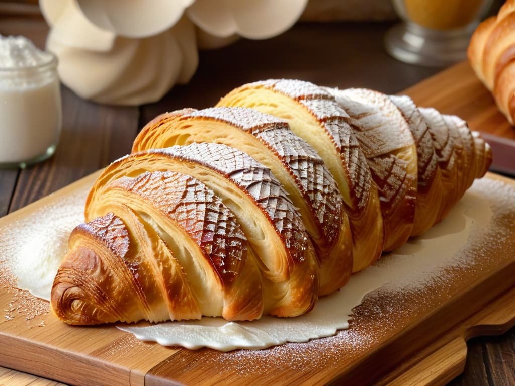  An ultradetailed closeup image of a freshly baked golden croissant, sprinkled with a light dusting of powdered sugar, resting on a rustic wooden cutting board against a softfocus background of a bustling French bakery. The layers of the croissant are intricately captured, showcasing its flaky texture and buttery sheen, while subtle hints of steam rise from its warm interior, evoking a sense of justoutoftheoven freshness. The lighting highlights the rich golden hues of the pastry, creating a visually captivating and mouthwatering image that embodies the artistry and craftsmanship of bakery and pastry making. hyperrealistic, full body, detailed clothing, highly detailed, cinematic lighting, stunningly beautiful, intricate, sharp focus, f/1. 8, 85mm, (centered image composition), (professionally color graded), ((bright soft diffused light)), volumetric fog, trending on instagram, trending on tumblr, HDR 4K, 8K