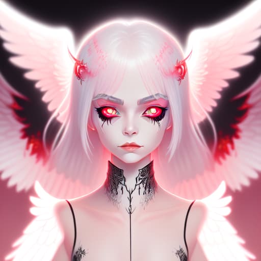 in OliDisco style angel with black wings with blood, pink eyes and white hair
