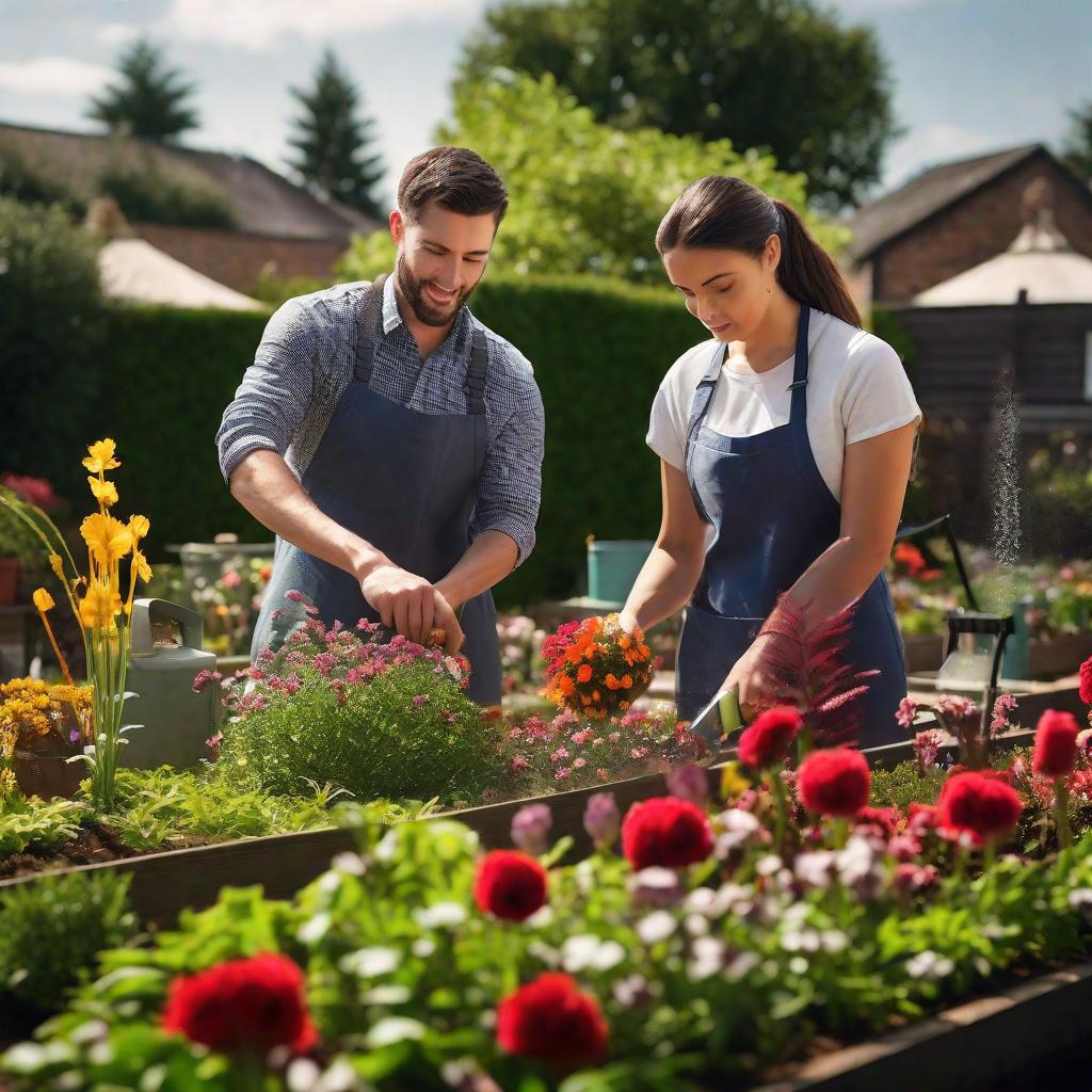  Picture of 2 girls with intellectual disabilities aged 18 and 2 boys aged 30 watering flower beds hyperrealistic, full body, detailed clothing, highly detailed, cinematic lighting, stunningly beautiful, intricate, sharp focus, f/1. 8, 85mm, (centered image composition), (professionally color graded), ((bright soft diffused light)), volumetric fog, trending on instagram, trending on tumblr, HDR 4K, 8K