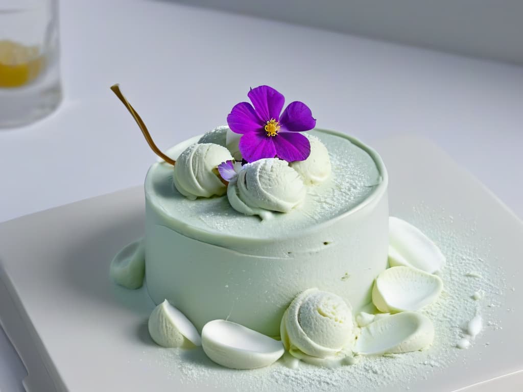  A closeup, ultradetailed image of a scoop of artisanal ice cream resting on a perfectly smooth, glossy white surface. The ice cream is a vibrant swirl of pastel colors, with tiny, intricate edible flowers delicately placed on top, glistening under a soft, natural light. The texture of the ice cream is impossibly creamy, with tiny air bubbles visible, and the reflection on the surface captures every minute detail, making the viewer almost able to taste the cold, sweet treat just by looking at it. hyperrealistic, full body, detailed clothing, highly detailed, cinematic lighting, stunningly beautiful, intricate, sharp focus, f/1. 8, 85mm, (centered image composition), (professionally color graded), ((bright soft diffused light)), volumetric fog, trending on instagram, trending on tumblr, HDR 4K, 8K