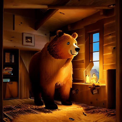  (best quality:1.5),(realistic:1.0),a boy and a bear standing, in cabin