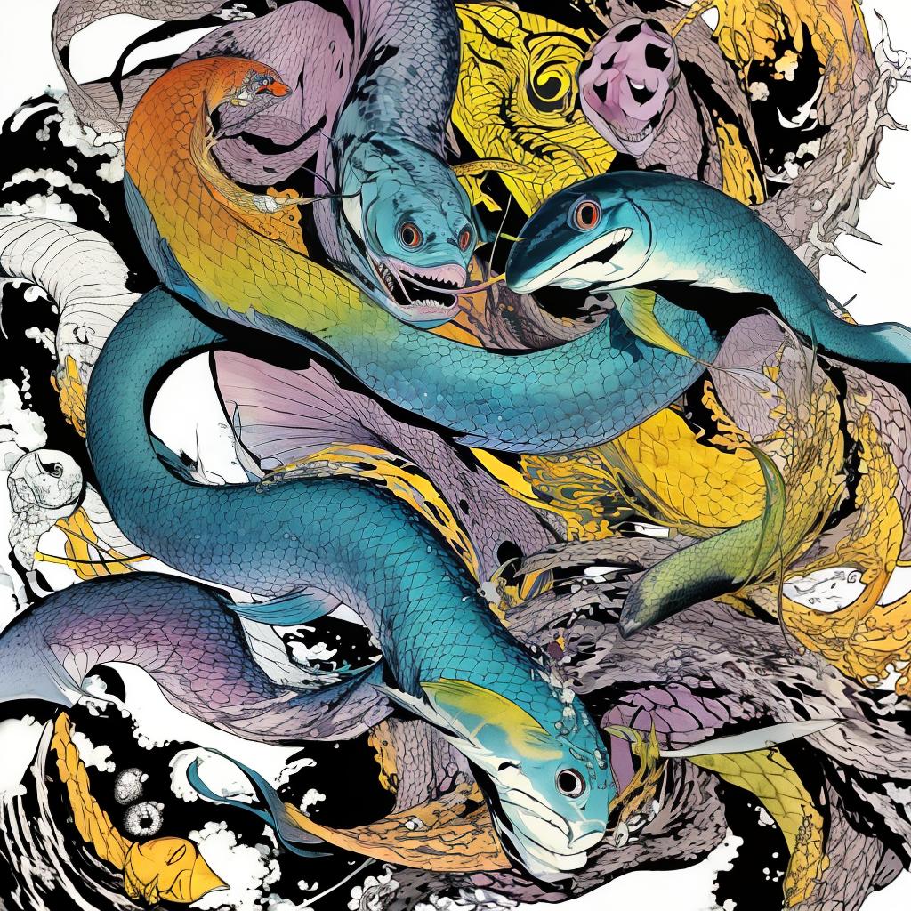  masterpiece, best quality, Make a tattoo design of an eel, full color, with sunglasses on, looking scary