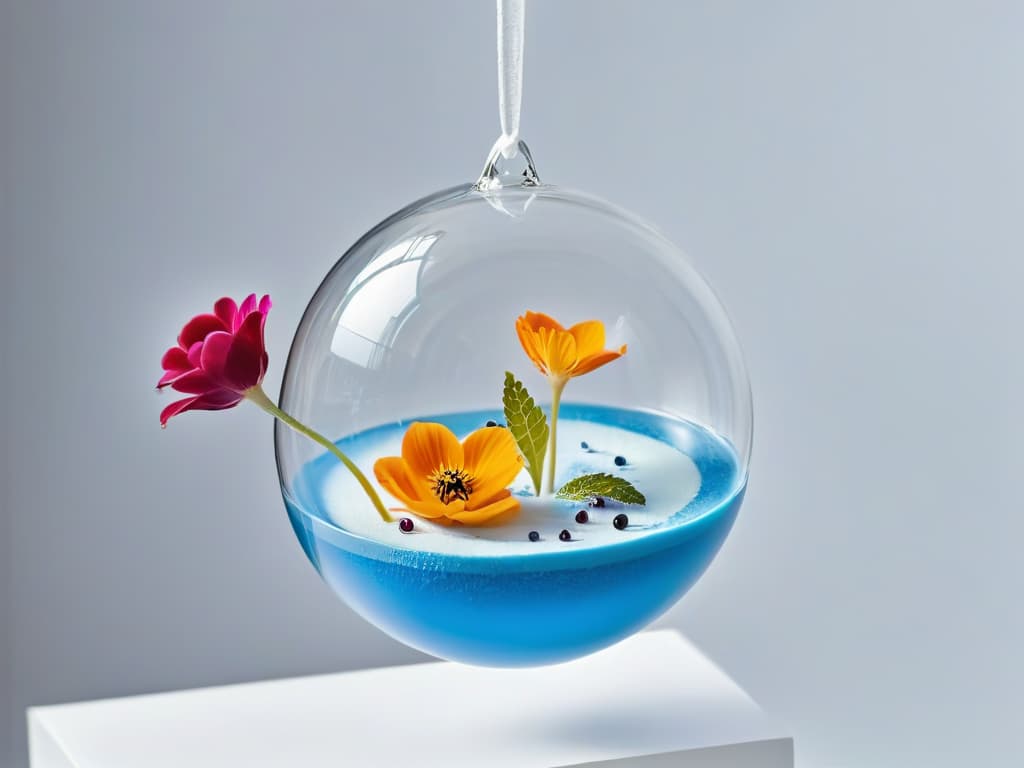  An intricately designed molecular gastronomy dessert suspended in midair, showcasing layers of transparent gelatinous spheres, delicate sugar sculptures, and vibrant edible flowers, all perfectly balanced and defying gravity. The dessert is set against a stark white background, emphasizing its futuristic and minimalist aesthetic. hyperrealistic, full body, detailed clothing, highly detailed, cinematic lighting, stunningly beautiful, intricate, sharp focus, f/1. 8, 85mm, (centered image composition), (professionally color graded), ((bright soft diffused light)), volumetric fog, trending on instagram, trending on tumblr, HDR 4K, 8K