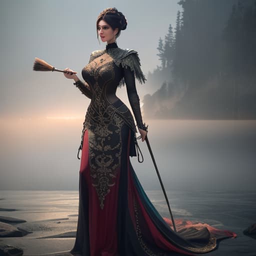  a woman carrying a giant paintbrush hyperrealistic, full body, detailed clothing, highly detailed, cinematic lighting, stunningly beautiful, intricate, sharp focus, f/1. 8, 85mm, (centered image composition), (professionally color graded), ((bright soft diffused light)), volumetric fog, trending on instagram, trending on tumblr, HDR 4K, 8K