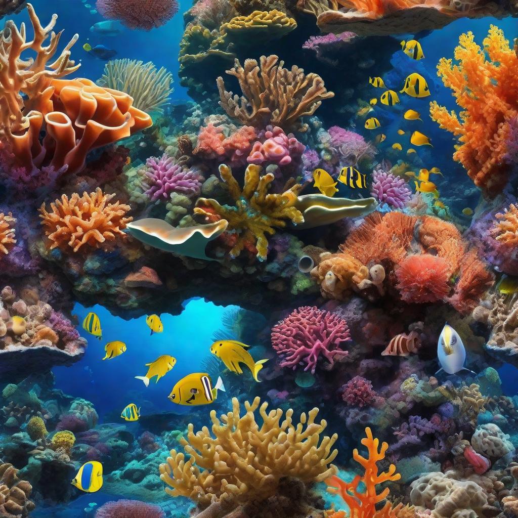  masterpiece, best quality, beautiful deep sea full of corals, diverse marine life and fascinating underwater landscapes with corals, appendages, small fish, anemones, dolphins, various algae, caves, colorful, 8k resolution and intricate detail