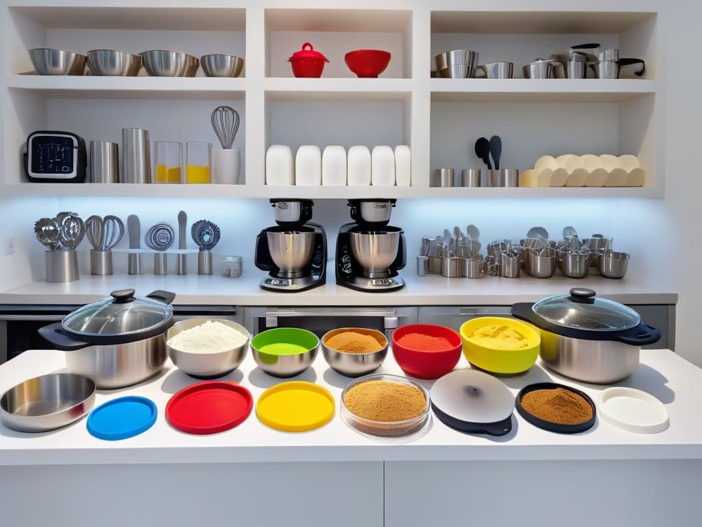  An ultradetailed image of a sleek, organized kitchen countertop filled with topoftheline essential baking tools and utensils. From shiny stainless steel mixing bowls to an array of colorful silicone spatulas, measuring cups, piping bags, and various cookie cutters neatly arranged in a professional manner. The soft natural light filters in, highlighting the textures and intricate details of each tool, creating an inspiring and aspirational culinary workspace. hyperrealistic, full body, detailed clothing, highly detailed, cinematic lighting, stunningly beautiful, intricate, sharp focus, f/1. 8, 85mm, (centered image composition), (professionally color graded), ((bright soft diffused light)), volumetric fog, trending on instagram, trending on tumblr, HDR 4K, 8K