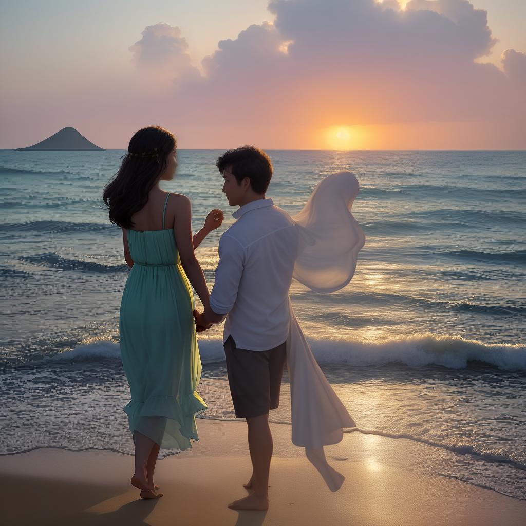  masterpiece, best quality, A tourist couple, hand in hand, stands on the sandy shore of Kuta Beach, their silhouettes framed against the vibrant hues of the setting sun. The golden rays shimmer upon the gentle waves, as the couple embraces the warm breeze. The atmosphere is serene and romantic, filled with a sense of tranquility and bliss. The style is reminiscent of a dreamy painting, with soft brushstrokes that capture the ethereal beauty of the scene. The lighting is warm and soft, casting a gentle glow over the couple and the beach. The realization is akin to a high-resolution photograph taken with a professional DSLR camera, utilizing a wide aperture to create a shallow depth of field, accentuating the couple in focus while blurring th