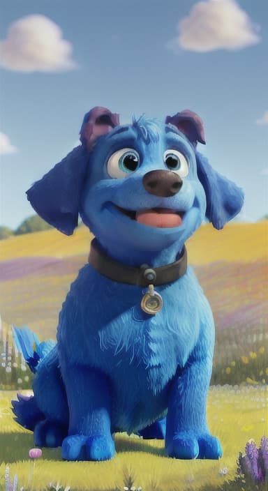  {A happy, big blue dog wagging its tail in a colorful meadow, The big blue dog is large with sky blue fur, big round eyes, a black nose, and floppy ears.