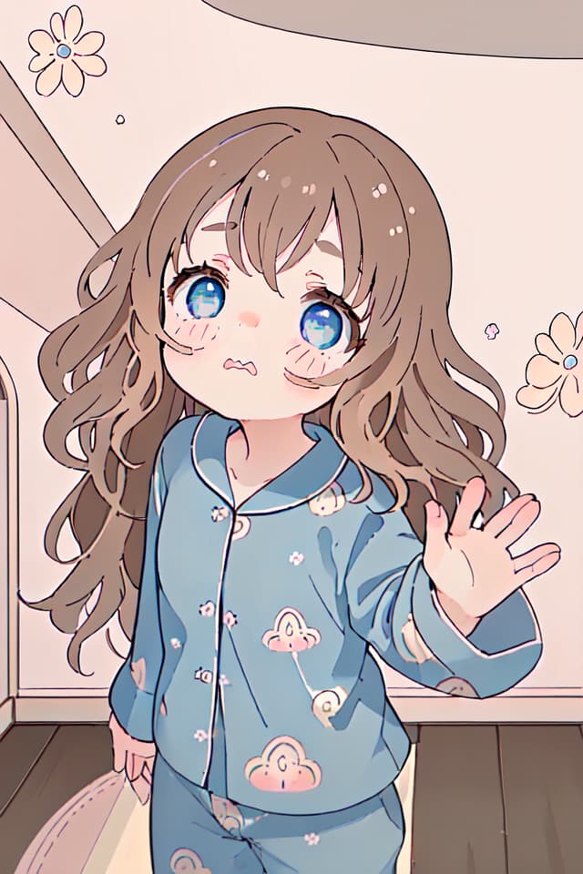  masterpiece,Best of the best,a girl,delicate brown hair color,sleepy face,winking,(((half open eye))),(((wavy mouth〰))),speak 💤,(((hands raised))),((look up)),(blue pajamas,pajama pattern: 🌸🍓,standing),background is indoor,top angle,🧸🛋🕰🛏high quality,8K