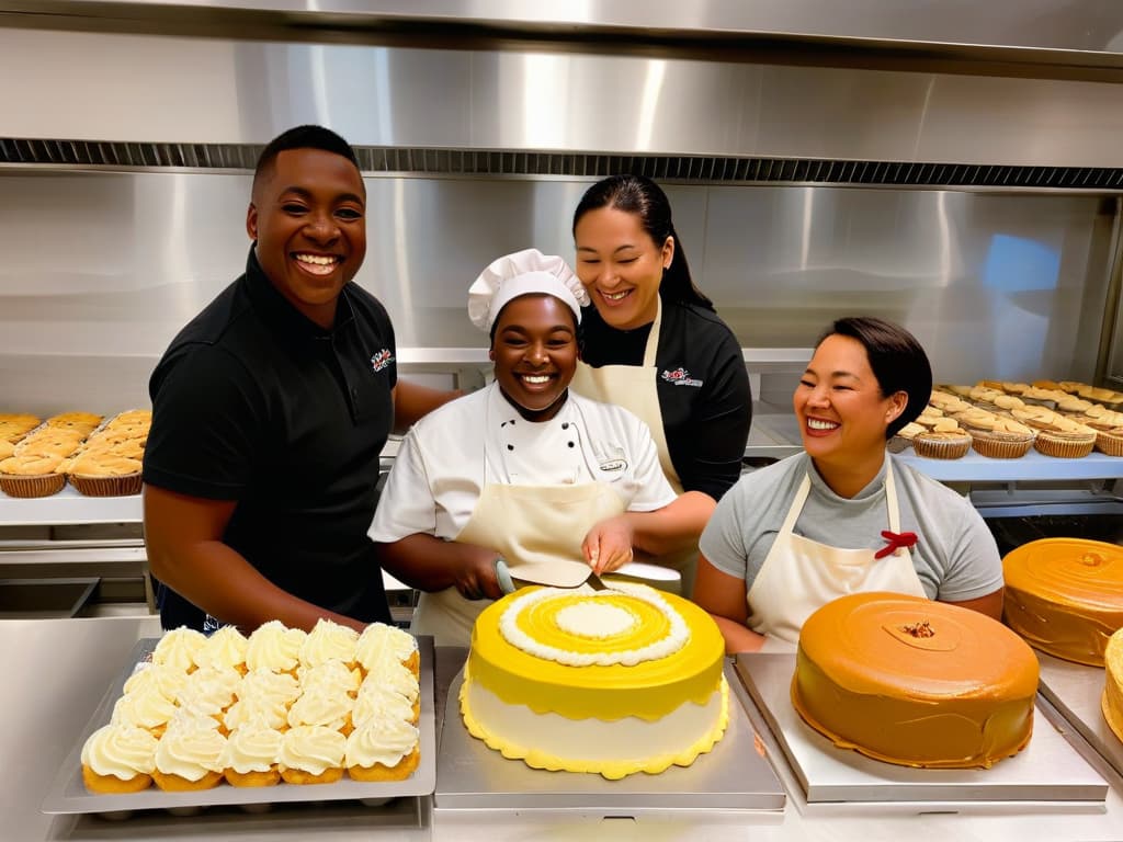  An image of a diverse group of bakers with disabilities happily working together in a bakery kitchen, each one showcasing their unique baking skills and abilities. One baker is skillfully piping colorful frosting onto a cake, another is carefully decorating cookies, and a third baker is joyfully kneading dough. The kitchen is filled with an array of baking tools and ingredients, with sunlight streaming in through a large window, casting a warm glow over the scene. The atmosphere is one of inclusivity, empowerment, and teamwork, capturing the essence of the article's theme on inclusive baking adaptations for individuals with disabilities. hyperrealistic, full body, detailed clothing, highly detailed, cinematic lighting, stunningly beautiful, intricate, sharp focus, f/1. 8, 85mm, (centered image composition), (professionally color graded), ((bright soft diffused light)), volumetric fog, trending on instagram, trending on tumblr, HDR 4K, 8K