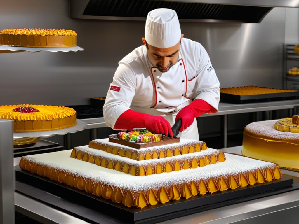  An ultradetailed, photorealistic image of Adriano Zumbo meticulously crafting a multitiered, avantgarde dessert masterpiece in his bustling bakery kitchen. Zumbo, with intense focus and precision, is shown delicately placing intricate sugar decorations on the dessert, surrounded by a symphony of colorful ingredients, gleaming kitchen tools, and a mesmerizing array of pastries and cakes on display. The warm glow of the oven and the sweet aroma of freshly baked goods fill the air, creating an atmosphere of creativity and artistry in motion. hyperrealistic, full body, detailed clothing, highly detailed, cinematic lighting, stunningly beautiful, intricate, sharp focus, f/1. 8, 85mm, (centered image composition), (professionally color graded), ((bright soft diffused light)), volumetric fog, trending on instagram, trending on tumblr, HDR 4K, 8K