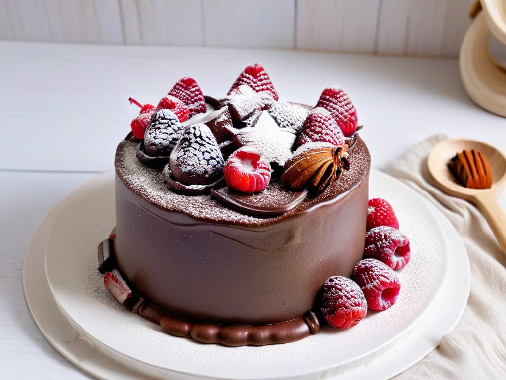  A closeup, ultradetailed image of a decadent vegan chocolate cake topped with fresh raspberries and a dusting of cocoa powder, beautifully displayed on a sleek, minimalist white plate against a soft, blurred background that highlights the rich, glossy texture of the cake and the vibrant colors of the berries. hyperrealistic, full body, detailed clothing, highly detailed, cinematic lighting, stunningly beautiful, intricate, sharp focus, f/1. 8, 85mm, (centered image composition), (professionally color graded), ((bright soft diffused light)), volumetric fog, trending on instagram, trending on tumblr, HDR 4K, 8K