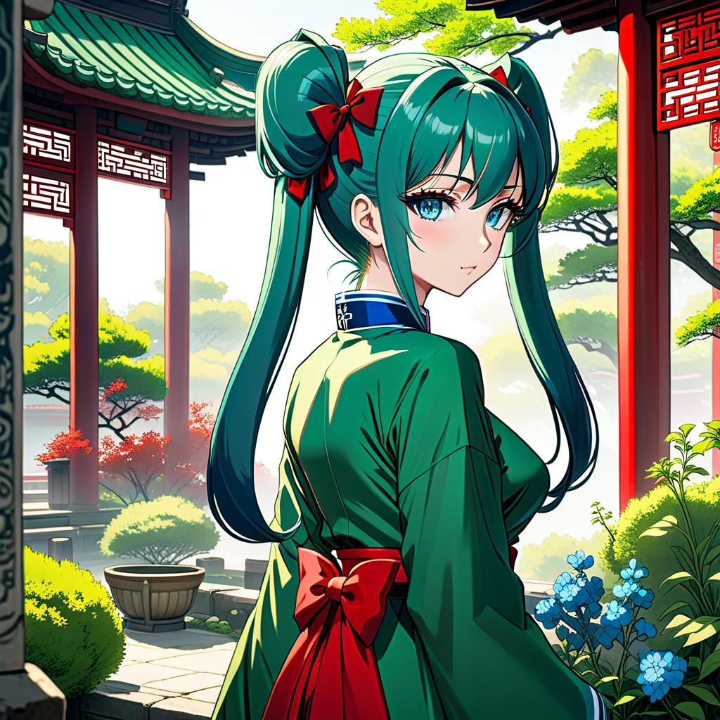  manga style In the foreground stands a , a Chinese garden, a with big blue eyes and dark green hair with two ponytails and a bunch with a blue bow tied at the back, a green Chinese , a red , and a white collar, anime style, collecting medicinal herbs, affection. [Translate user prompt to English. Save punctuation. In answer should be only translation.] At the forefront is a , a Chinese garden, a with large blue eyes and dark green hair in two ponytails and a blue bow tied at the back, a green Chinese , a red , a white collar, the anime style, collecting medicinal herbs, affection. . vint, high energy, detailed, iconic, Japanese comic style hyperrealistic, full body, detailed clothing, highly detailed, cinematic lighting, stunningly beautiful, intricate, sharp focus, f/1. 8, 85mm, (centered image composition), (professionally color graded), ((bright soft diffused light)), volumetric fog, trending on instagram, trending on tumblr, HDR 4K, 8K