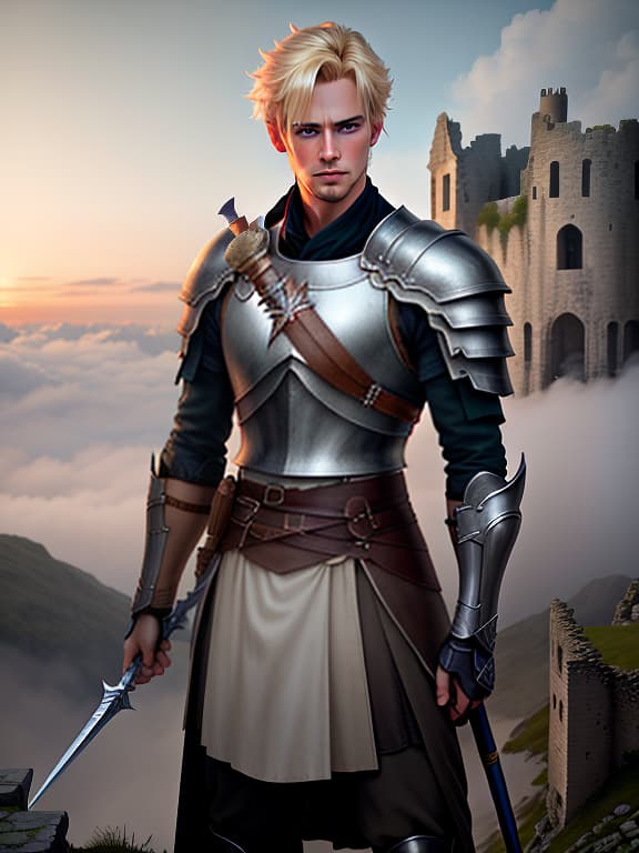  A very young blond man, blue eyes, holding a long spear in his hands, angry, against the backdrop of a ruined castle. hyperrealistic, full body, detailed clothing, highly detailed, cinematic lighting, stunningly beautiful, intricate, sharp focus, f/1. 8, 85mm, (centered image composition), (professionally color graded), ((bright soft diffused light)), volumetric fog, trending on instagram, trending on tumblr, HDR 4K, 8K