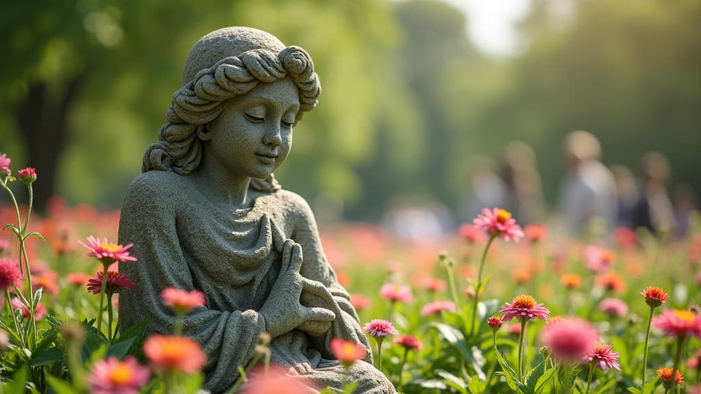  good quality, high quality, enchanting stone sculpture in a vibrant park filled with blooming flowers on a sunny day