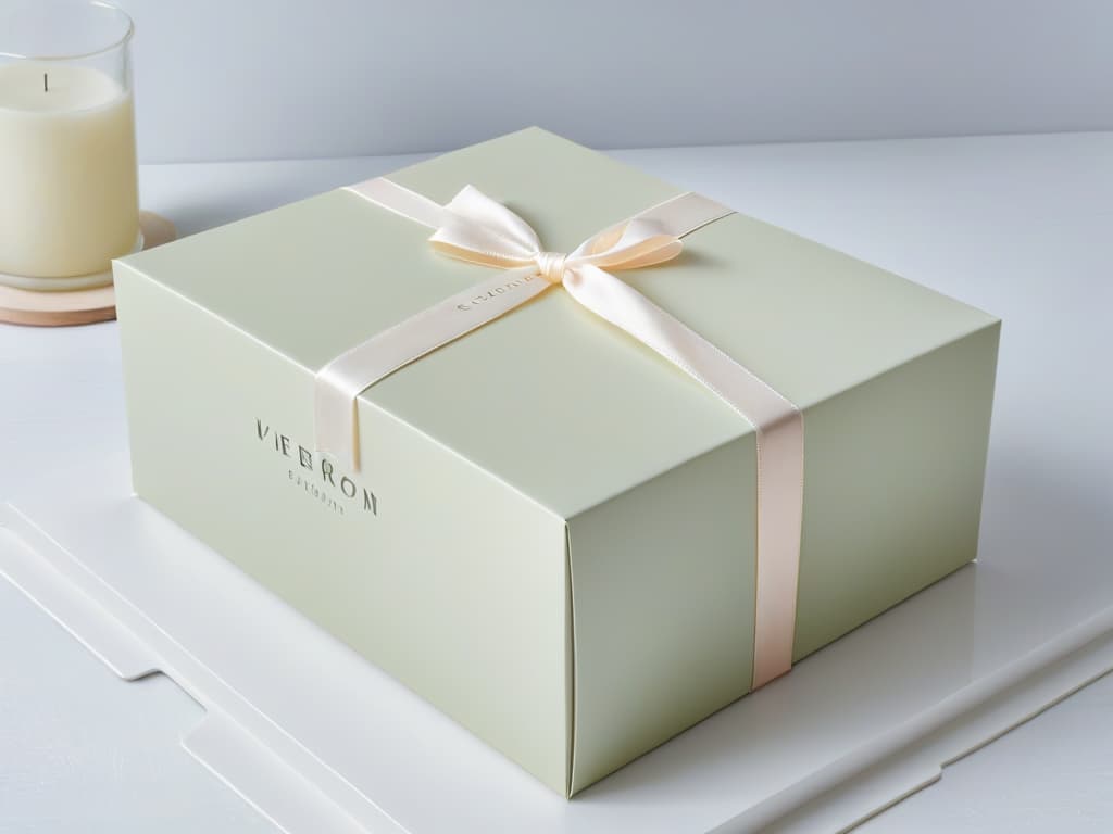  A minimalistic image of a sleek, white bakery box with a simple, elegant logo embossed on the top, casting a soft shadow on a clean, marble countertop. The box is tied with a luxurious satin ribbon in a pastel hue, delicately curled at the ends, exuding an air of sophistication and premium quality. hyperrealistic, full body, detailed clothing, highly detailed, cinematic lighting, stunningly beautiful, intricate, sharp focus, f/1. 8, 85mm, (centered image composition), (professionally color graded), ((bright soft diffused light)), volumetric fog, trending on instagram, trending on tumblr, HDR 4K, 8K