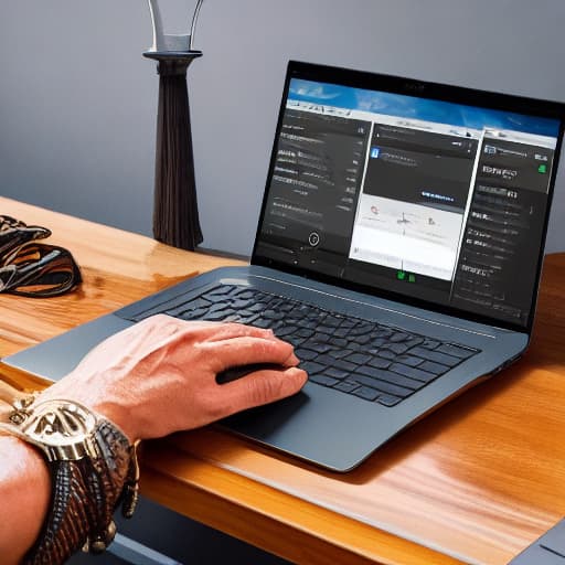  A hand with modern gear typing on the laptop keyboard. Apply the Following Styles Cyberpunk hyperrealistic, full body, detailed clothing, highly detailed, cinematic lighting, stunningly beautiful, intricate, sharp focus, f/1. 8, 85mm, (centered image composition), (professionally color graded), ((bright soft diffused light)), volumetric fog, trending on instagram, trending on tumblr, HDR 4K, 8K