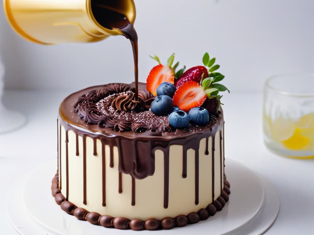  A closeup, ultradetailed image of a rich, smooth vegan chocolate ganache being poured over a decadent vegan cake, showcasing the glossy texture and the intricate drips running down the sides of the cake. The dark chocolate contrasts beautifully against the light crumb of the cake, with tiny specks of vanilla bean visible in the ganache. The lighting is perfect, highlighting every detail and creating a luxurious, indulgent feel. hyperrealistic, full body, detailed clothing, highly detailed, cinematic lighting, stunningly beautiful, intricate, sharp focus, f/1. 8, 85mm, (centered image composition), (professionally color graded), ((bright soft diffused light)), volumetric fog, trending on instagram, trending on tumblr, HDR 4K, 8K