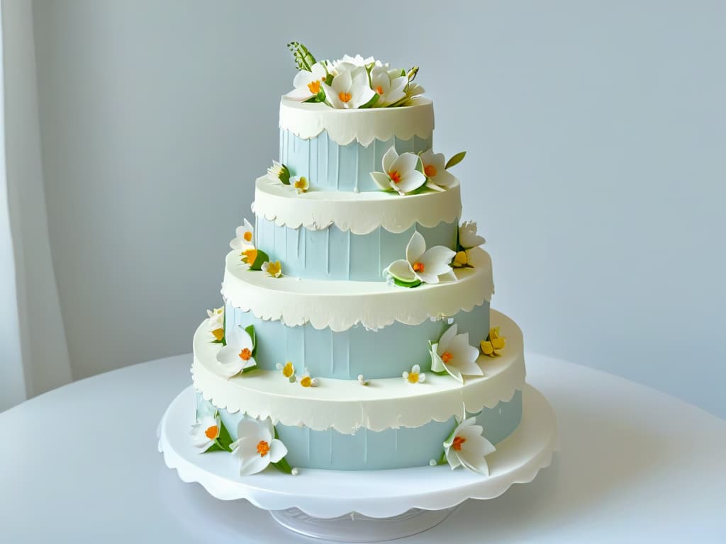  A minimalistic image of a threetiered wedding cake adorned with delicate sugar flowers and intricate lace details, showcasing a fusion of international dessert influences. The cake sits on a sleek, modern cake stand against a clean, white background, emphasizing the elegance and sophistication of crosscultural wedding desserts. hyperrealistic, full body, detailed clothing, highly detailed, cinematic lighting, stunningly beautiful, intricate, sharp focus, f/1. 8, 85mm, (centered image composition), (professionally color graded), ((bright soft diffused light)), volumetric fog, trending on instagram, trending on tumblr, HDR 4K, 8K