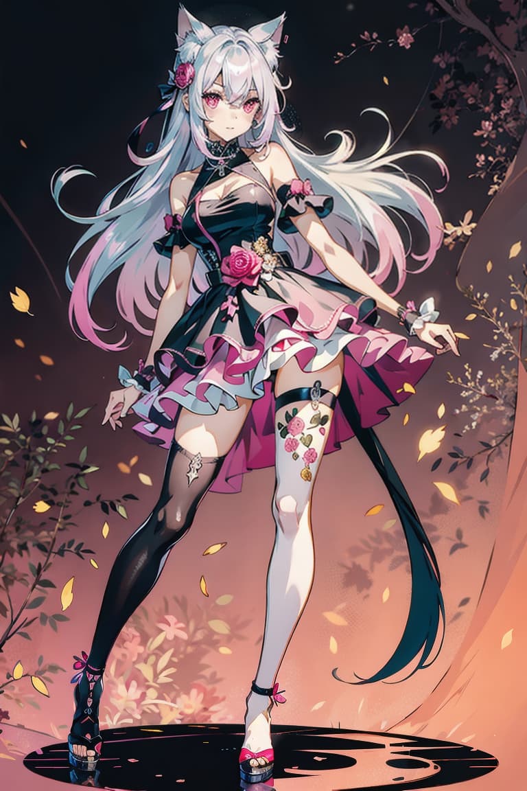  master piece , best quality,Hair silver to pink gradient, gold and pink odd eyes, front, cat ears, red and black dress, full body, bell, rose, floral decoration, slender, adult like.