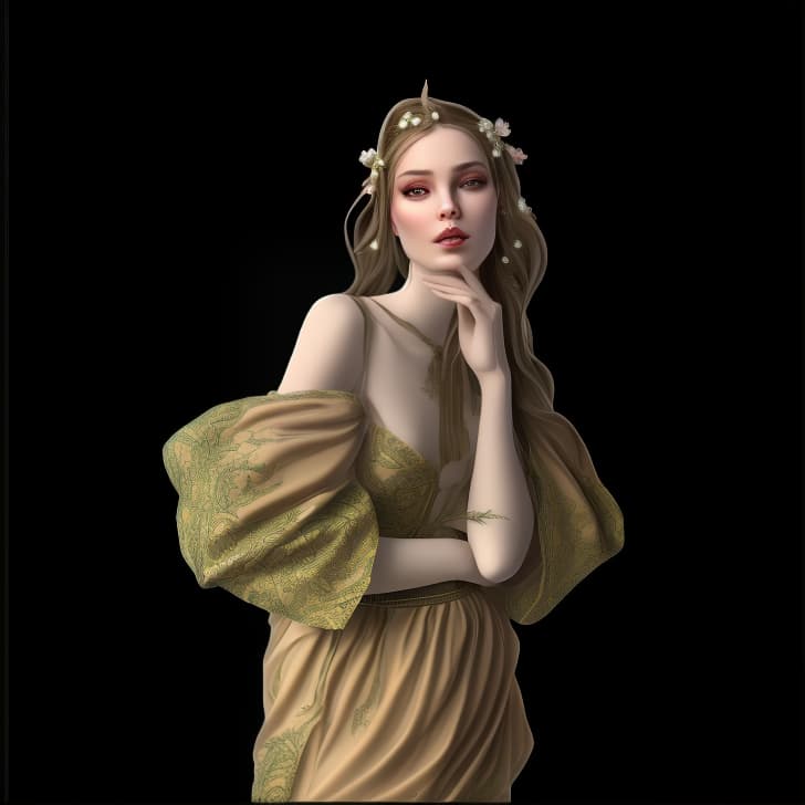 mdjrny-v4 style Create a Fantasy style avatar of a female Elf. Ears should be pointed and prominent, long, sharp, visible from behind the hair, a defining feature of Elves. The character should have long, flowing silver hair adorned with delicate flowers. Her eyes should be almond shaped and bright green. She should wear an elegant, fitted tunic with intricate leaf patterns and embroidery. Her ears should be pointed and prominent, a defining feature of Elves. She should have a graceful and slender build, with pale, smooth skin. The background should feature an enchanted forest with tall, ancient trees and dappled sunlight filtering through the leaves.