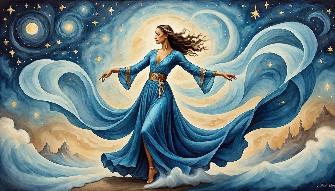  on parchment, surrealism+++, A dancer in flowing robes, moving gracefully through a starry void, each motion creating waves of energy, harmonious, powerful(mysterious, provocative, symbolic,muted color)+++