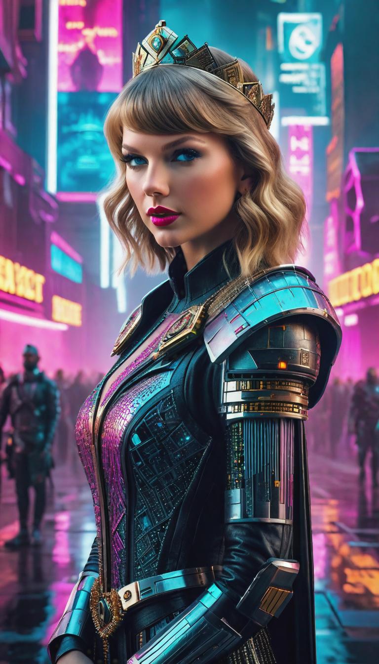  Cyberpunk style depiction of Taylor Swift as a queen. The scene is set in a world where technology has advanced, but society and human conditions have not, creating a gritty, dystopian atmosphere. hyperrealistic, full body, detailed clothing, highly detailed, cinematic lighting, stunningly beautiful, intricate, sharp focus, f/1. 8, 85mm, (centered image composition), (professionally color graded), ((bright soft diffused light)), volumetric fog, trending on instagram, trending on tumblr, HDR 4K, 8K