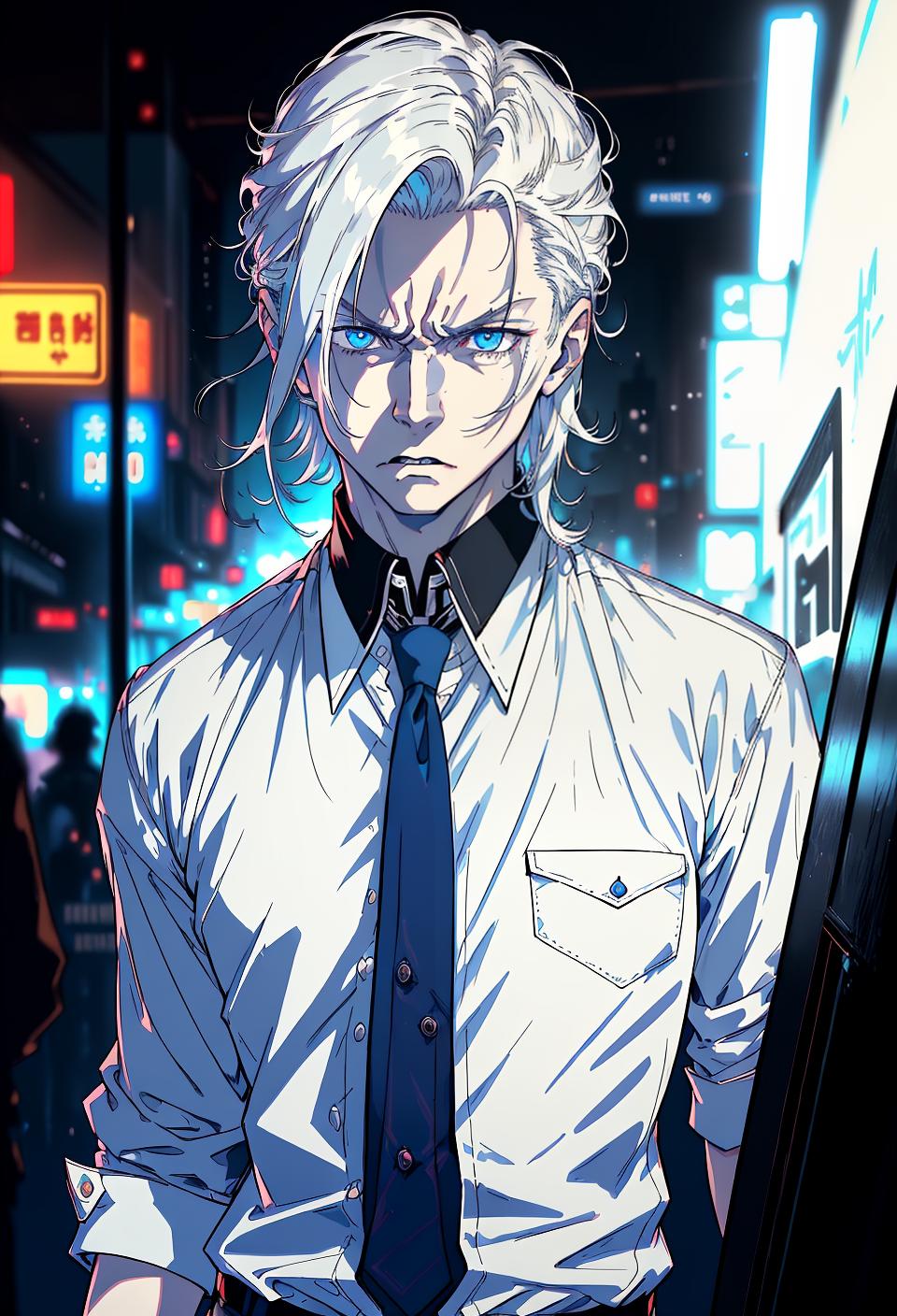  ((trending, highres, masterpiece, cinematic shot)), 1boy, mature, male date attire, techno scene, medium-length straight white hair, side locks hairstyle, large blue eyes, sweet personality, angry expression, very pale skin, chaotic, observant