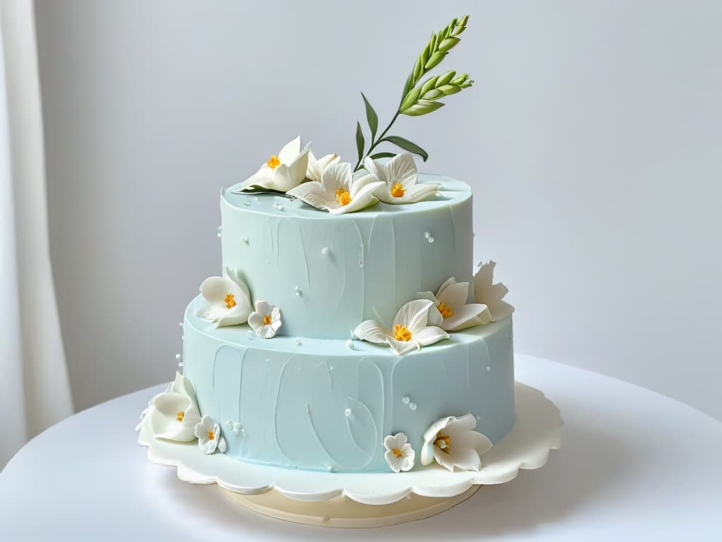  A stunning, minimalist image of a threetiered wedding cake covered in white fondant, adorned with delicate sugar flowers in soft pastel hues. The cake is elegantly displayed on a sleek, marble cake stand, set against a clean, white backdrop to emphasize its intricate details and exquisite craftsmanship. The soft lighting highlights the intricate textures of the sugary blooms, creating a serene and sophisticated aesthetic that perfectly complements the expert advice on creating exceptional wedding cakes. hyperrealistic, full body, detailed clothing, highly detailed, cinematic lighting, stunningly beautiful, intricate, sharp focus, f/1. 8, 85mm, (centered image composition), (professionally color graded), ((bright soft diffused light)), volumetric fog, trending on instagram, trending on tumblr, HDR 4K, 8K