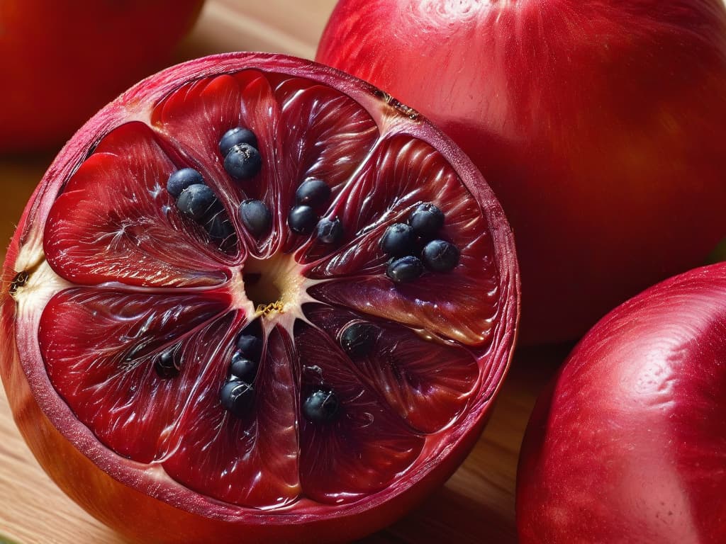  A closeup, ultradetailed image of a vibrant red camu camu fruit sliced in half, showcasing the intricate patterns of its seeds and the rich, juicy texture of its flesh. The image is captured against a soft, neutral background, highlighting the natural beauty and freshness of the fruit. hyperrealistic, full body, detailed clothing, highly detailed, cinematic lighting, stunningly beautiful, intricate, sharp focus, f/1. 8, 85mm, (centered image composition), (professionally color graded), ((bright soft diffused light)), volumetric fog, trending on instagram, trending on tumblr, HDR 4K, 8K