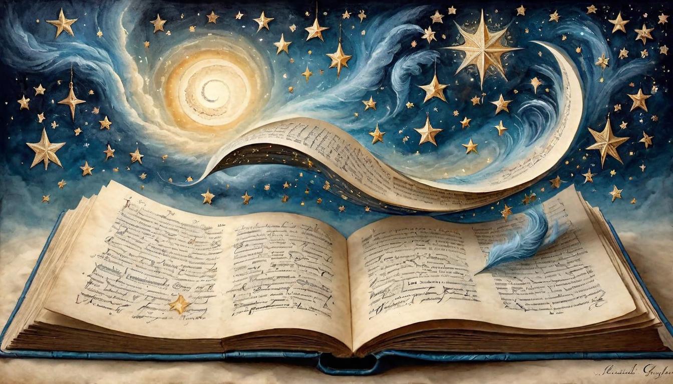  on parchment, surrealism+++, An open book with ethereal pages turning in the wind, stars and galaxies swirling among the words, celestial guidance(mysterious, provocative, symbolic,muted color)+++